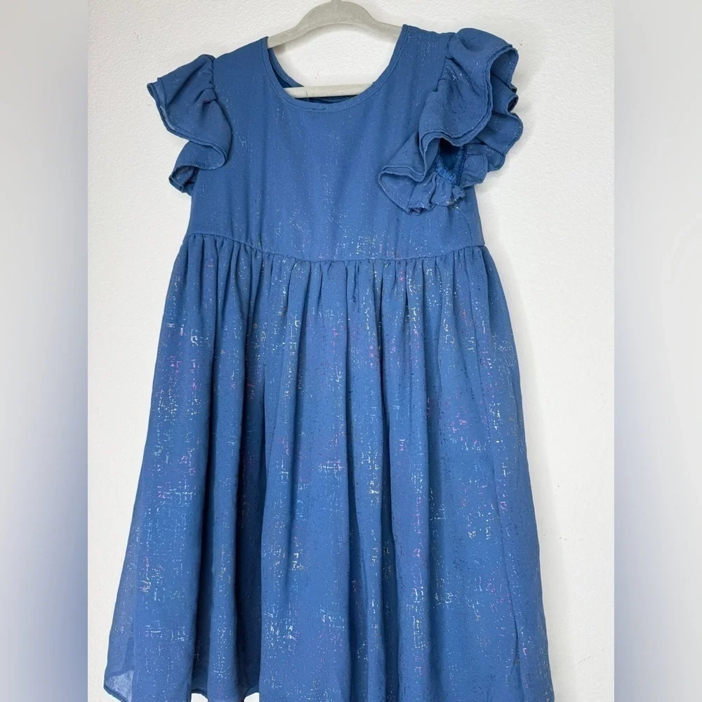 Pastourelle by Pippa And Julie Girls Metallic Blue Chiffon Flutter Sleeve Dress